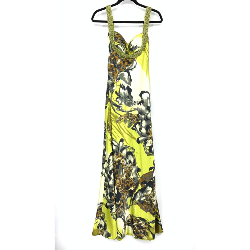 Vintage Y2K Lime Floral Satin Beaded Straps Formal Gown Women Size XS/S